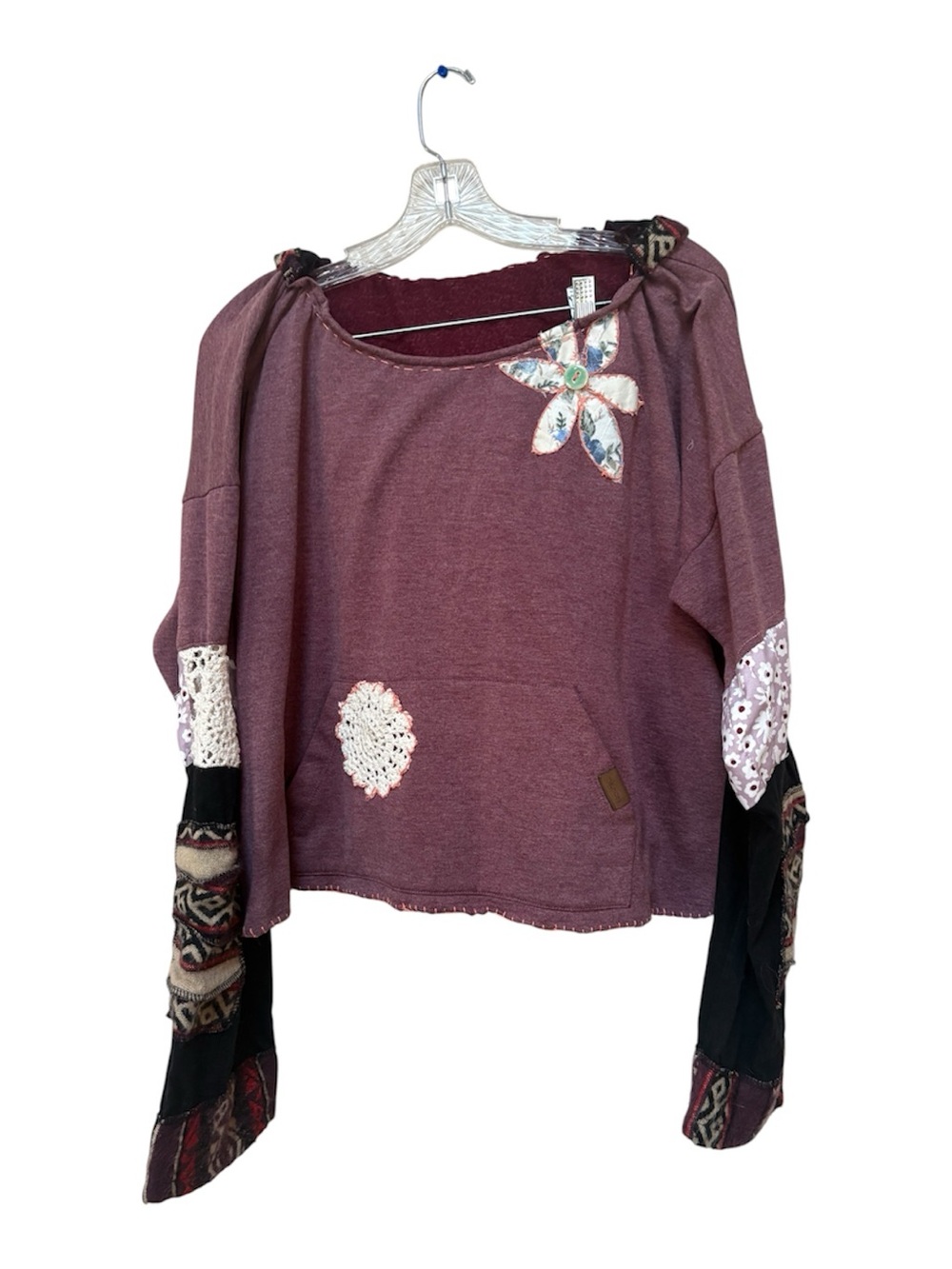 Upcycled Patchwork Boho Hoodie Folk Art Grandmacore Oversized